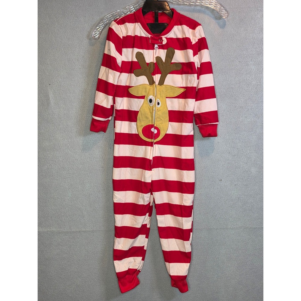 Secret Santa Reindeer Striped One Piece Pajamas Red White Kids Size 4 Sleeper